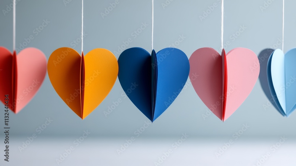 Poster row of paper hearts hanging from a string. the hearts are of different colors and sizes. concept of 