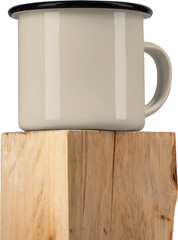 Mockup tan, beige enamel mug on square old wood, png