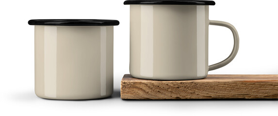 Mockup two tan, beige enamel mug on block old board, png