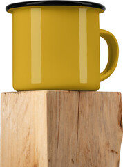 Mockup yellow enamel mug on square old wood, png