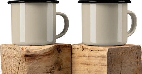 Mockup two tan, beige enamel mug on square old wood, png