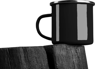 Obraz premium Mockup of black enamel mugs on square burnt wood, png