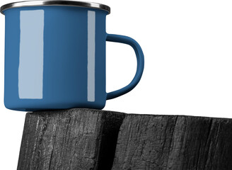 Mockup of blue enamel mugs on square burnt wood, png