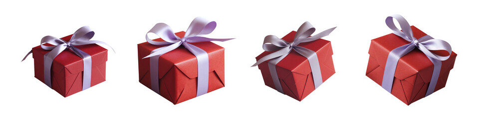 Obraz premium Collection of red gift boxes. Transparent background PNG cutout. Set 03