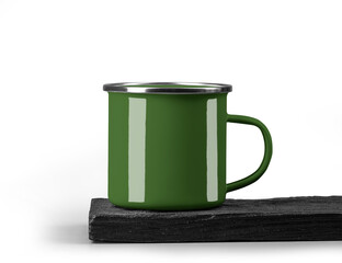 Mockup of green enamel mug on flat burnt wood, png