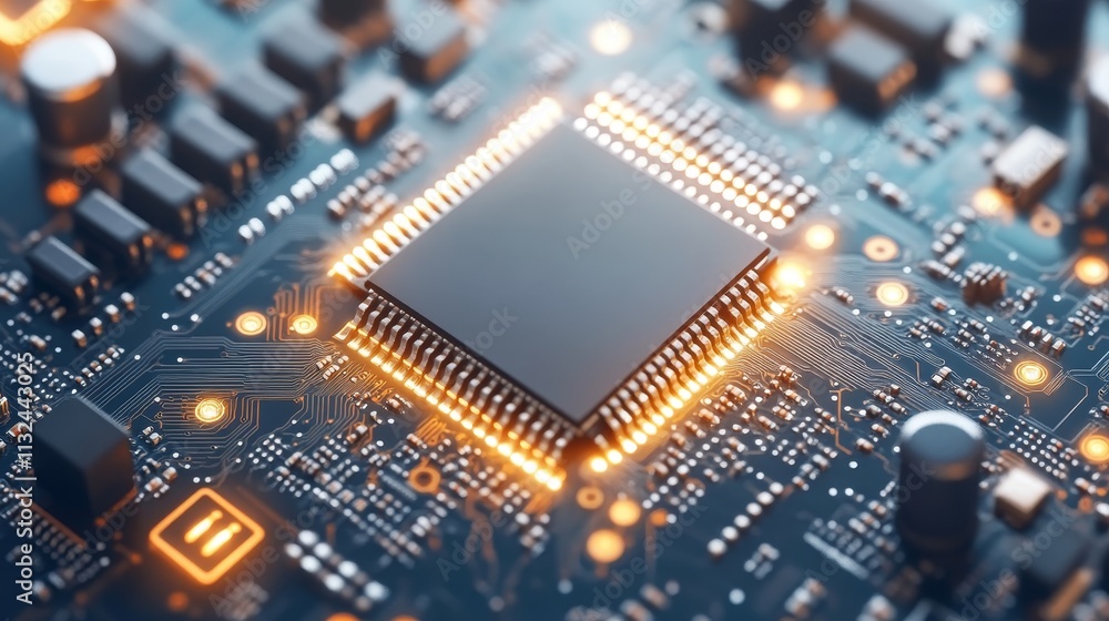 Poster Close-Up of a Modern CPU Microchip on Circuit Board Illuminted Technology Background