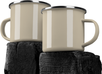 Mockup of two tan, beige enamel mugs on square burnt wood, png