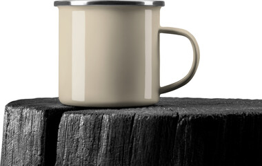 Mockup of tan, beige enamel mugs on square burnt wood, png