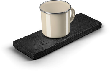 Mockup tan, beige enamel mug on flat burnt wood, png