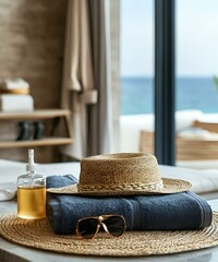 straw hat and sunglasses on the table