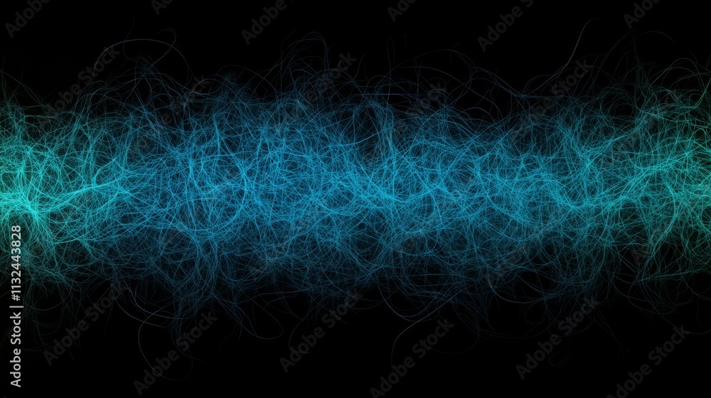 Poster thin blue and green lines converge into abstract digital patterns against a dark background, offerin
