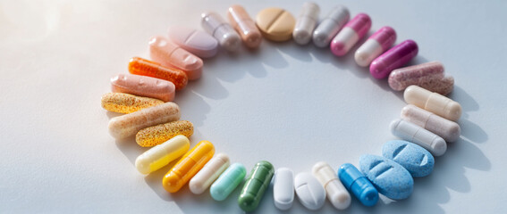 Obraz premium A circular arrangement of various colored pills and capsules.