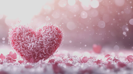 Fototapeta premium Winter Valentine Vibes Heart Shaped Object Surrounded by Colorful Flowers in a Lush Field, Romantic Composition, Perfect for Seasonal Greetings, Love Stories, and Floral Decor Photography