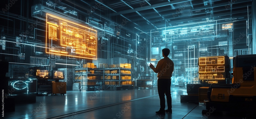 Poster a person analyzes digital data in a high-tech warehouse environment.