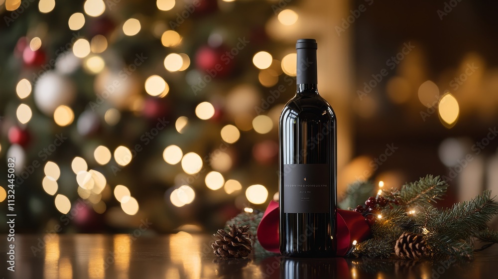 Poster a single wine bottle with a minimalist label stands in front of a blurred christmas tree, decorated 