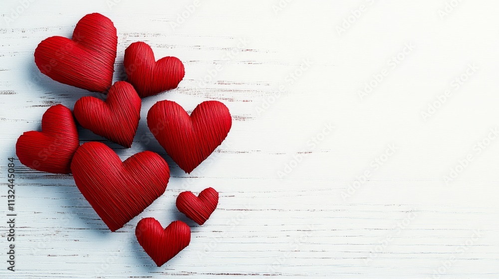 Poster close up of a white background with a bunch of red hearts. the hearts are arranged in a way that the