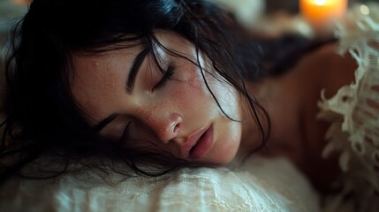 A serene woman peacefully sleeping with soft candlelight, capturing tranquility and comfort in a warm, intimate setting.