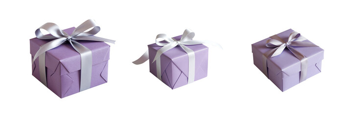 Obraz premium Collection of purple gift boxes. Isolated transparent background PNG. Set 07