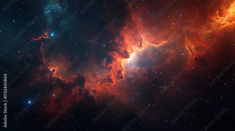 Poster vibrant nebula and galaxies in space, abstract cosmic background with colorful celestial patterns