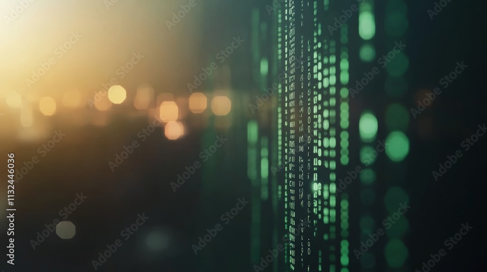 Poster A vibrant flow of green binary code cascades against a dark background, evoking a high-tech aesthetic with an abstract glow and ample copy space on the left