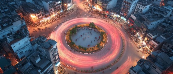 Surreal Urban Roundabout in India with Glowing Traffic and Pedestrian Safety Zones