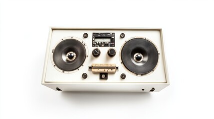 Retro vintage portable boombox with large speakers, cassette deck, and classic controls, isolated on a clean white background showcasing its detailed nostalgic design.