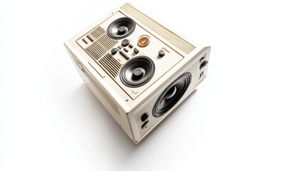 Obraz premium Retro vintage portable boombox with large speakers, cassette deck, and classic controls, isolated on a clean white background showcasing its detailed nostalgic design.