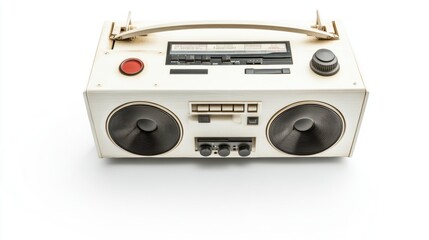 Obraz premium Retro vintage portable boombox with large speakers, cassette deck, and classic controls, isolated on a clean white background showcasing its detailed nostalgic design.