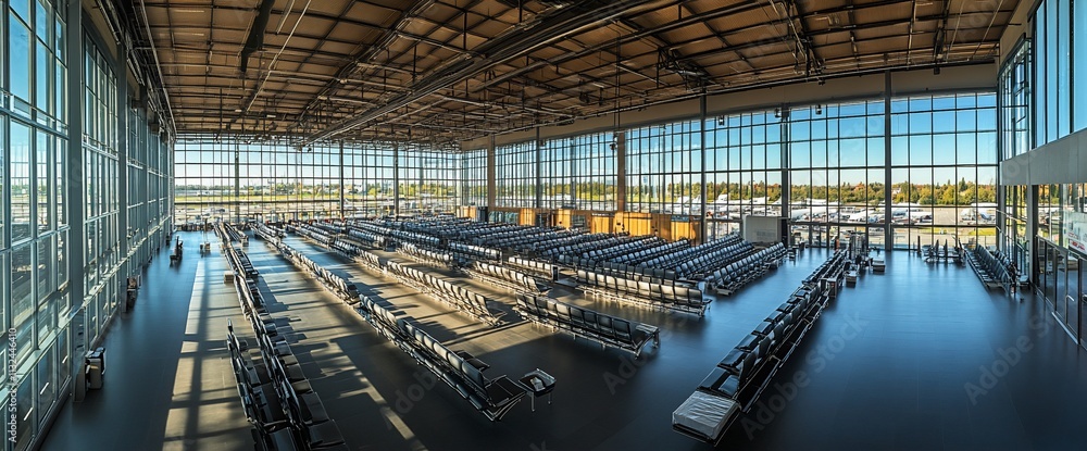 Poster A spacious airport terminal with large windows and empty seating areas.