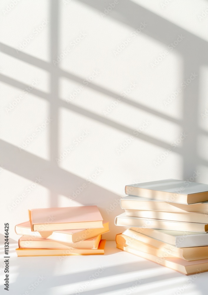 Aufkleber pastel light shadow play on stacked books in minimalist setting