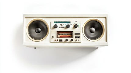 Retro vintage portable boombox with large speakers, cassette deck, and classic controls, isolated on a clean white background showcasing its detailed nostalgic design.