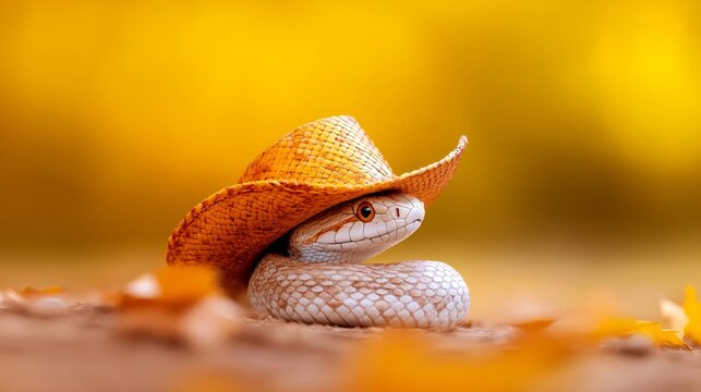 Snake wearing a cowboy hat is sitting on the ground. The hat is brown and the snake is white