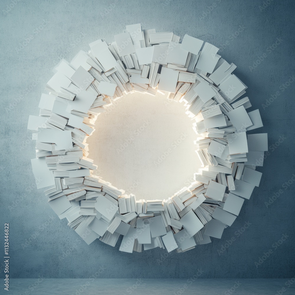 Poster Surreal Circle of Floating Books with Soft Glows in Dreamlike Library Setting