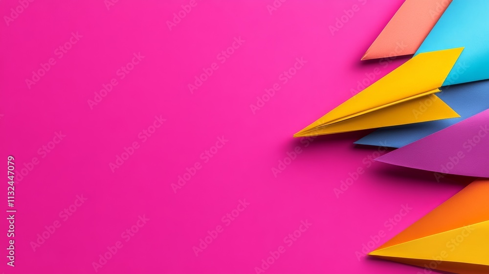Poster colorful background with a pink background and a rainbow of paper triangles. the triangles are of di