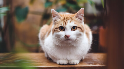 Obraz premium Orange and White Cat Portrait: An adorable orange and white domestic shorthair cat sits attentively, gazing directly at the camera with captivating golden eyes. The soft.