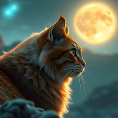 Obraz premium Majestic feline gazes at glowing alien planet generated by AI