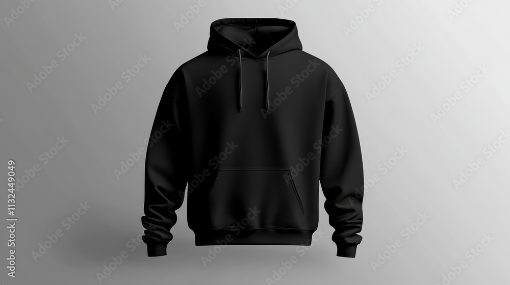 Poster display showcases a black hoodie centered against a transparent backdrop, ideal for showcasing custo