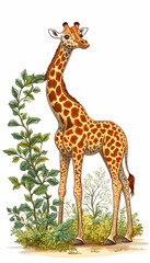 Obraz premium A giraffe standing amidst green foliage, showcasing its unique spotted coat and long neck.