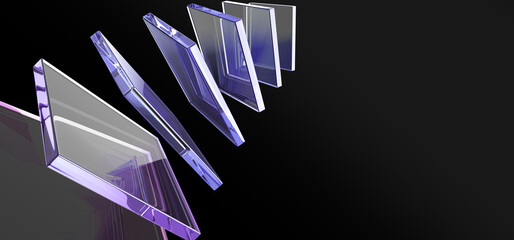 3d abstract glass transparent square shapes flying on black background render. Iridescent crystal plates, acrylic or plastic panels with light hologram gradient, digital tech banner. 3D illustration