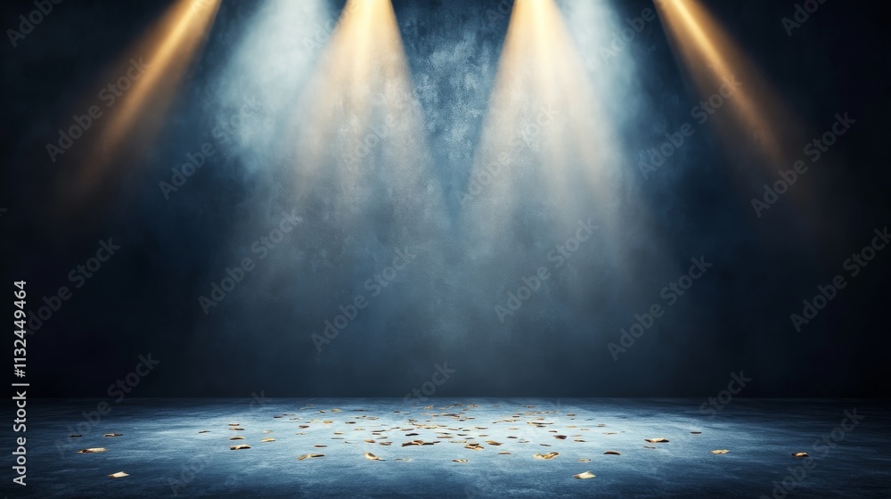 Aufkleber an empty room features a single spotlight illuminating a golden confetti shower on the floor, creati