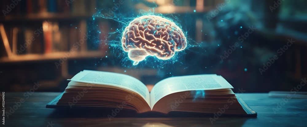 Aufkleber An open book with a glowing brain above, symbolizing knowledge and learning.