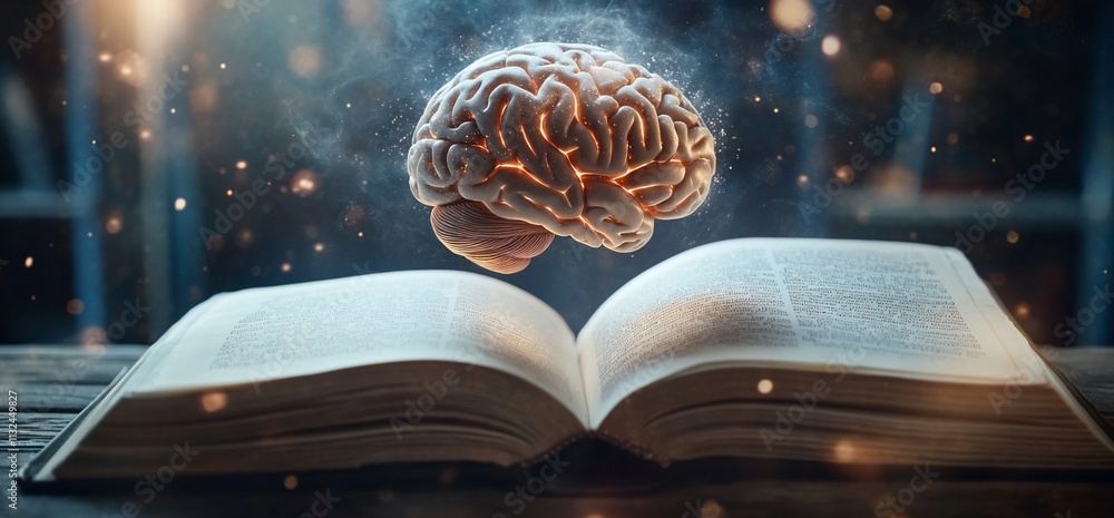 Aufkleber An open book with a floating brain above it, symbolizing knowledge and learning.