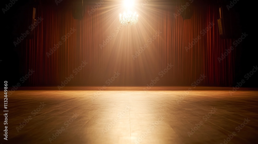 Poster a captivating theater stage featuring rich red curtains partially drawn and a stunning chandelier gl