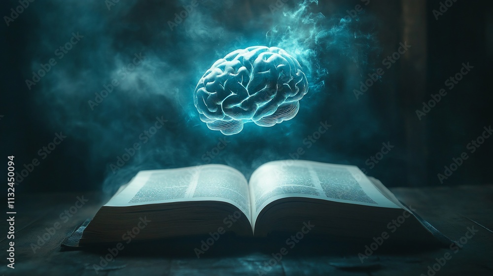 Poster An open book with a glowing brain above it, symbolizing knowledge and thought.