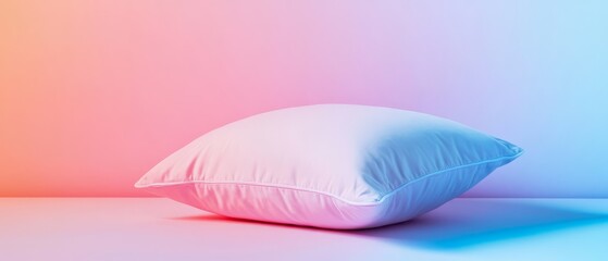 Obraz premium A soft, white pillow rests on a gradient background of pink and blue, creating a serene and modern aesthetic.