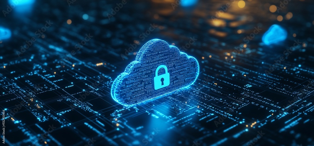 Poster Digital cloud with a padlock symbolizing cybersecurity and data protection.