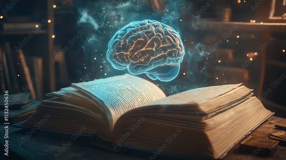 Poster An open book with a glowing brain above, symbolizing knowledge and learning.