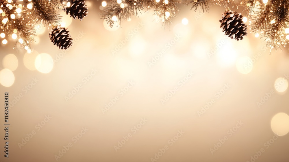 Poster christmas tree branches adorned with small pine cones create a festive feel, set against a soft boke