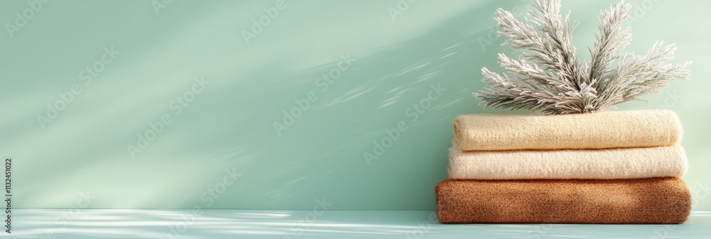 Poster serene pastel tones folded textiles and frosted branch in minimalist space