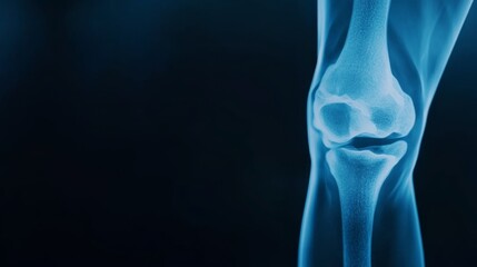 Obraz premium Detailed X-ray view of a single knee joint showcasing arthritis signs with highlighted areas against a black background, allowing for further examination